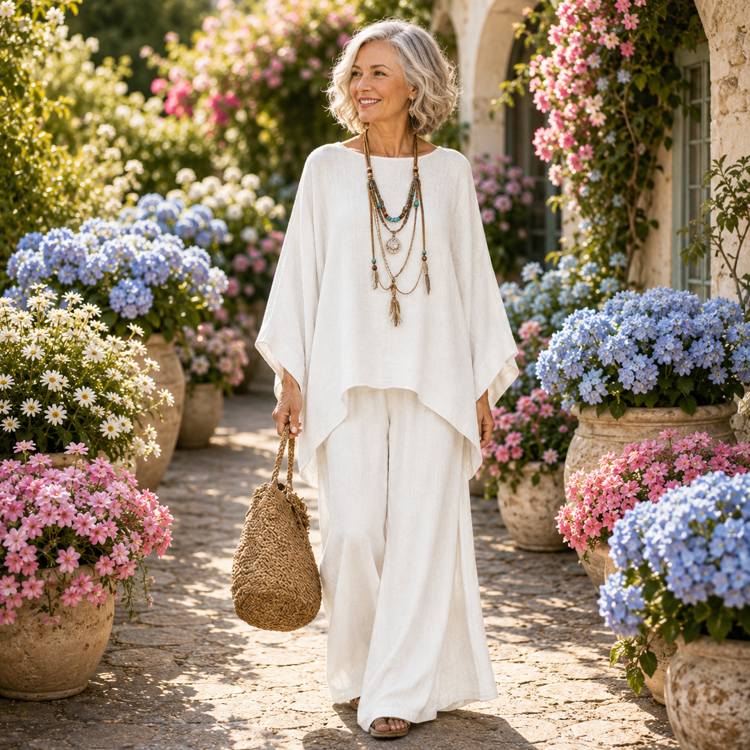 Diane two-piece loungewear set with oversized top and wide-leg pants, on model