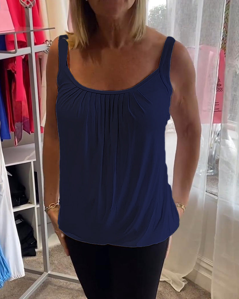 Nancy pleated sleeveless top in navy, front close-up