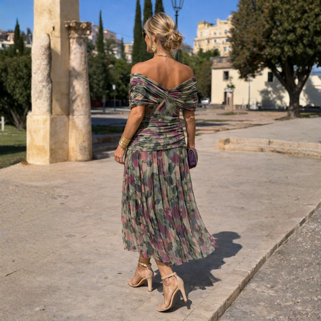 Norma off-shoulder chiffon dress in green-pink floral print, back view