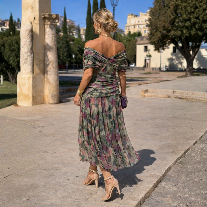 Norma off-shoulder chiffon dress in green-pink floral print, back view