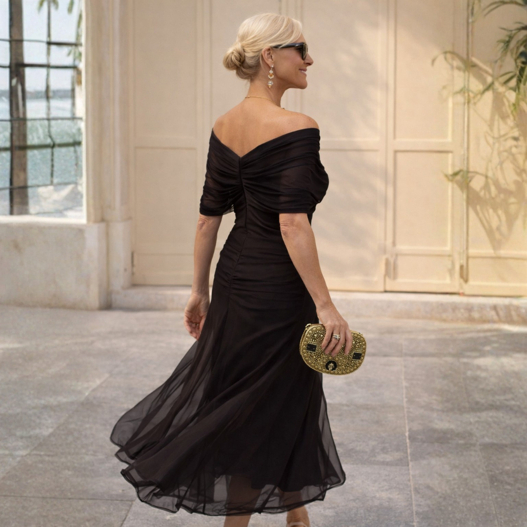 Norma off-shoulder chiffon dress in brown, back view
