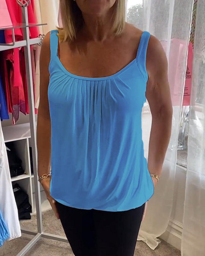 Nancy pleated sleeveless top in blue, front close-up