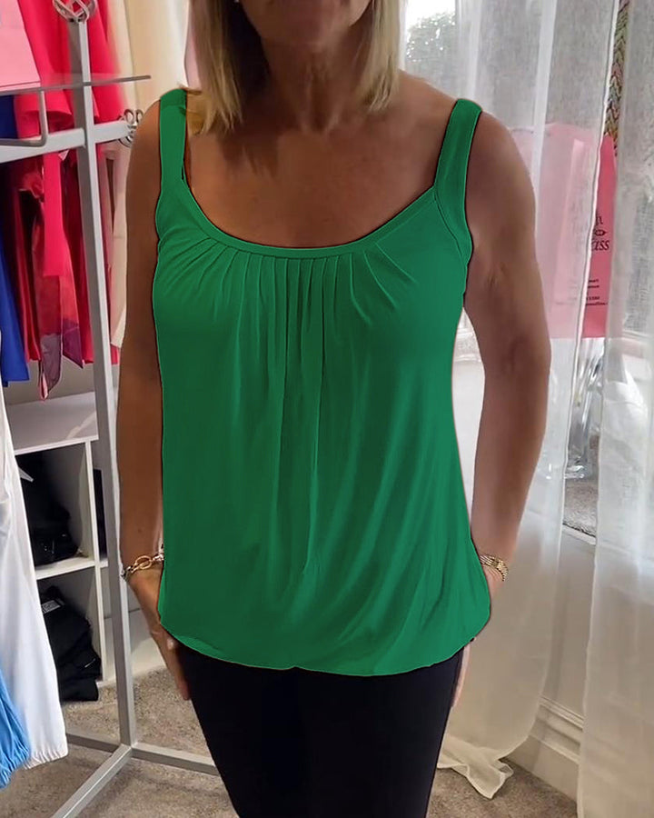 Nancy pleated sleeveless top in green, front close-up