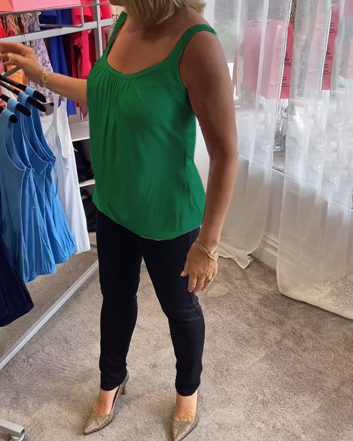 Nancy pleated sleeveless top in green, side view