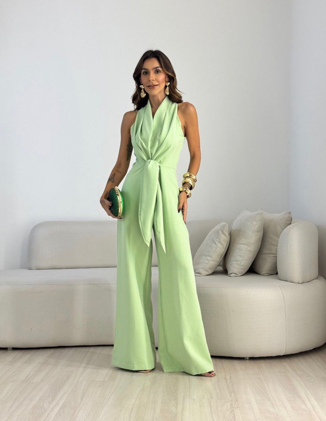 Doris elegant jumpsuit in light green, front view