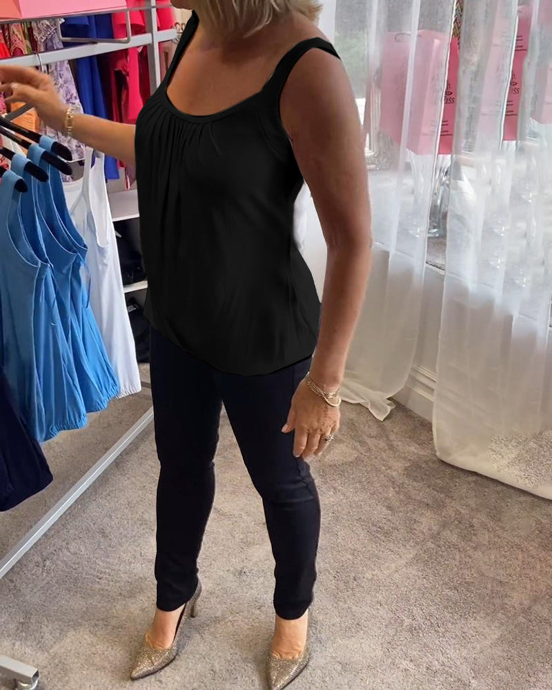 Nancy pleated sleeveless top in black, side view