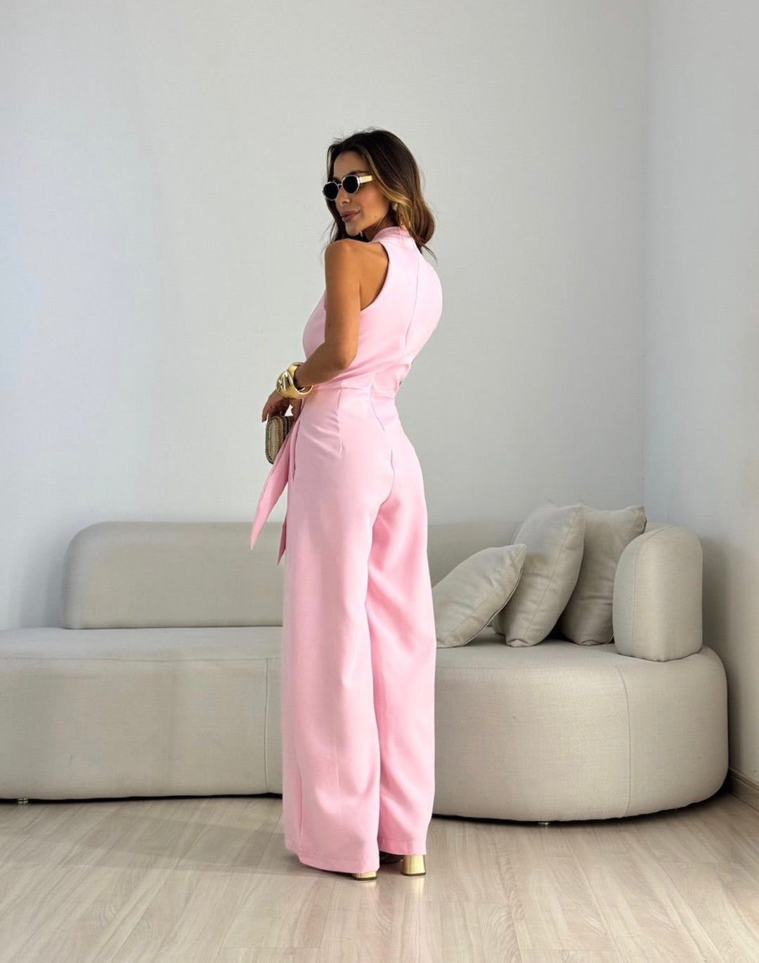 Doris elegant jumpsuit in pink, back view