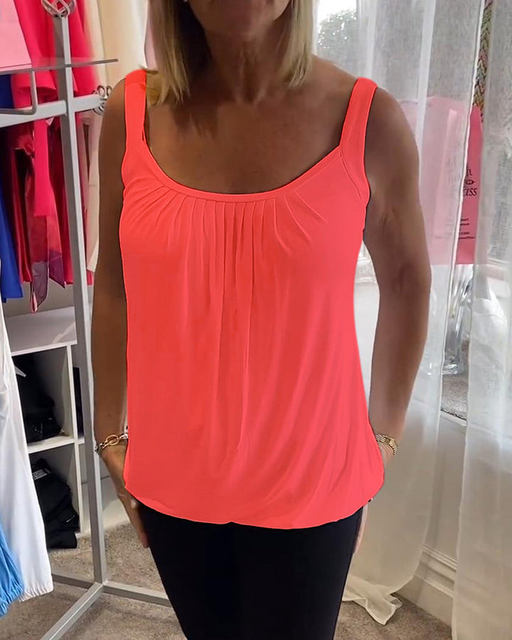 Nancy pleated sleeveless top in coral, front close-up