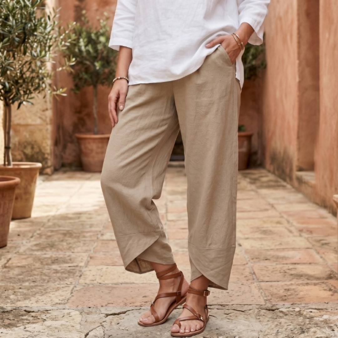 Side profile showing the tapered leg of the Frances pants