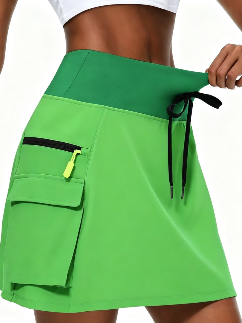 Janet high-waist active skort in green showing the skirt overlay and built-in shorts