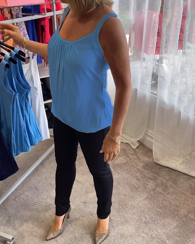 Nancy pleated sleeveless top in blue, side view