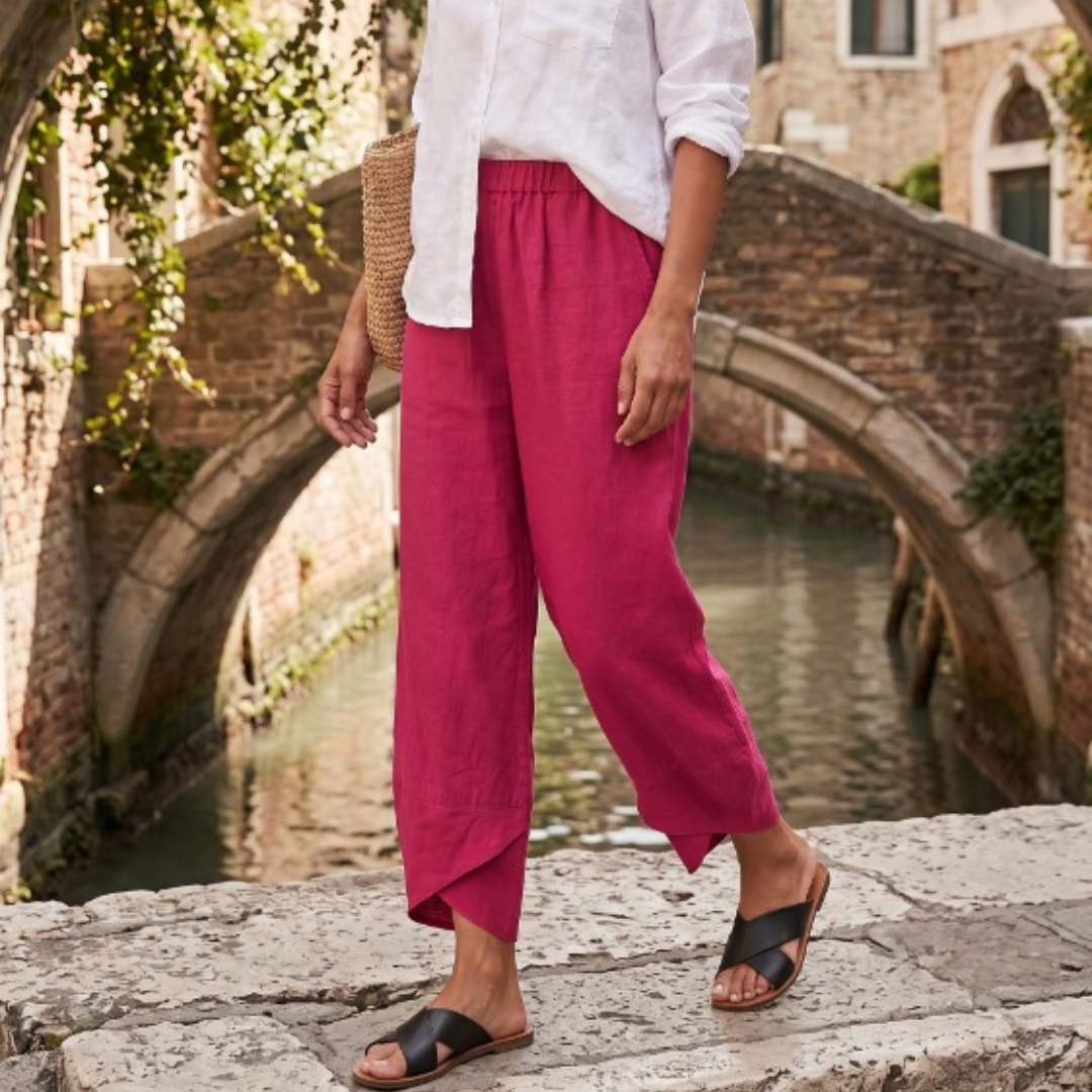 Close-up of waistband and fit detail on the Frances pants