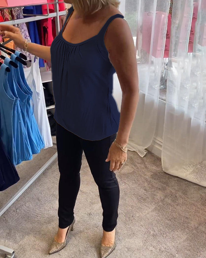 Nancy pleated sleeveless top in navy, side view