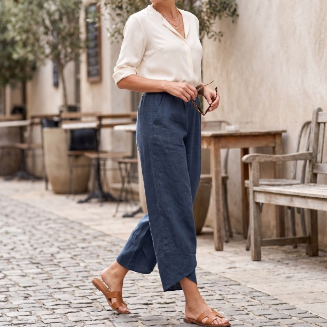 Full-length view of the Frances pants styled for the office