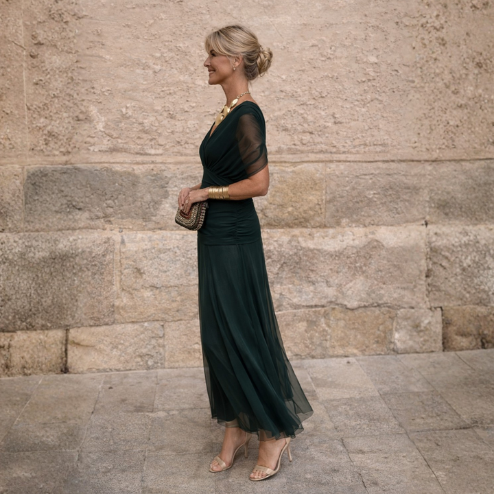 Norma off-shoulder chiffon dress in dark green, front view