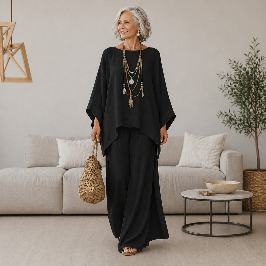 Diane two-piece loungewear set with oversized top and wide-leg pants, back view