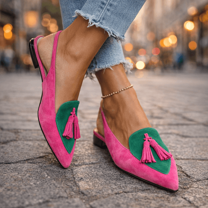 Close-up of Beverly sandal straps and tassel detail