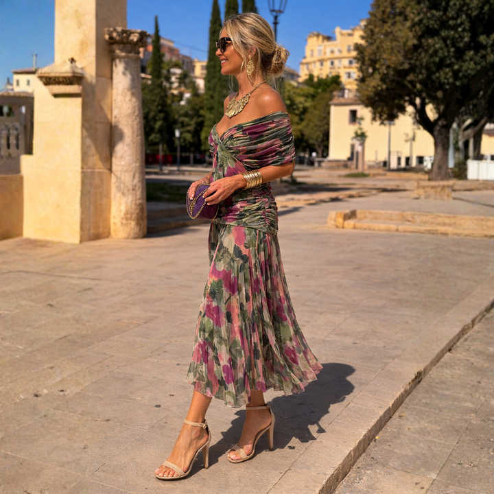 Norma off-shoulder chiffon dress in green-pink floral print, side view