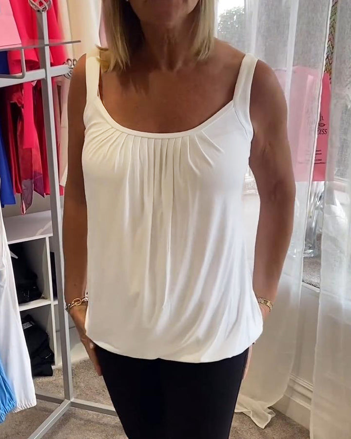 Nancy pleated sleeveless top in white, front close-up