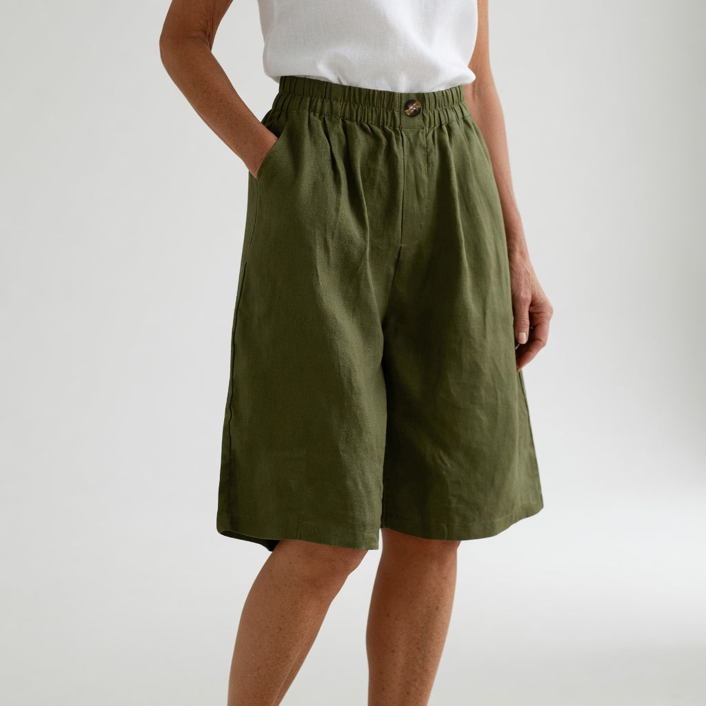 Dorothy Elastic-Waist Summer Shorts in Army Green