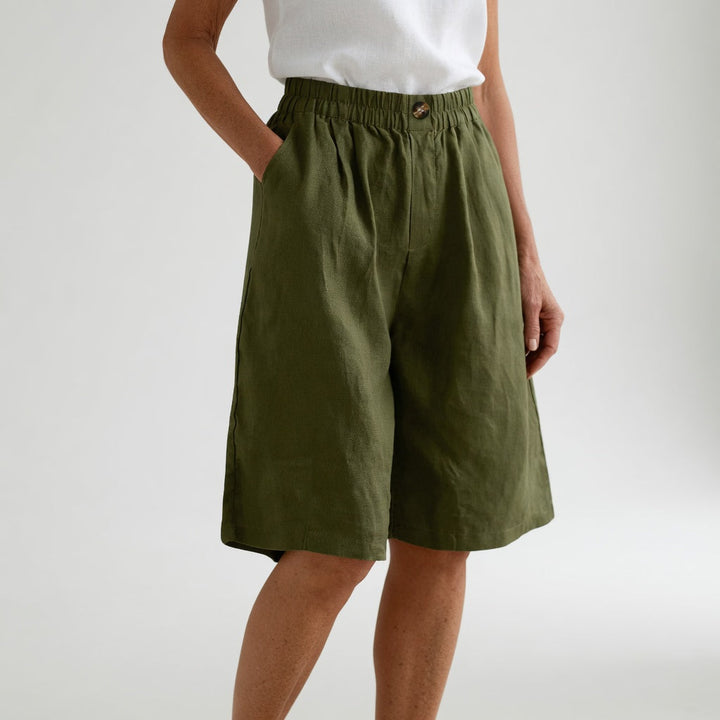 Dorothy Elastic-Waist Summer Shorts in Army Green