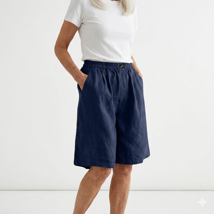 Dorothy Elastic-Waist Summer Shorts in Navy Blue