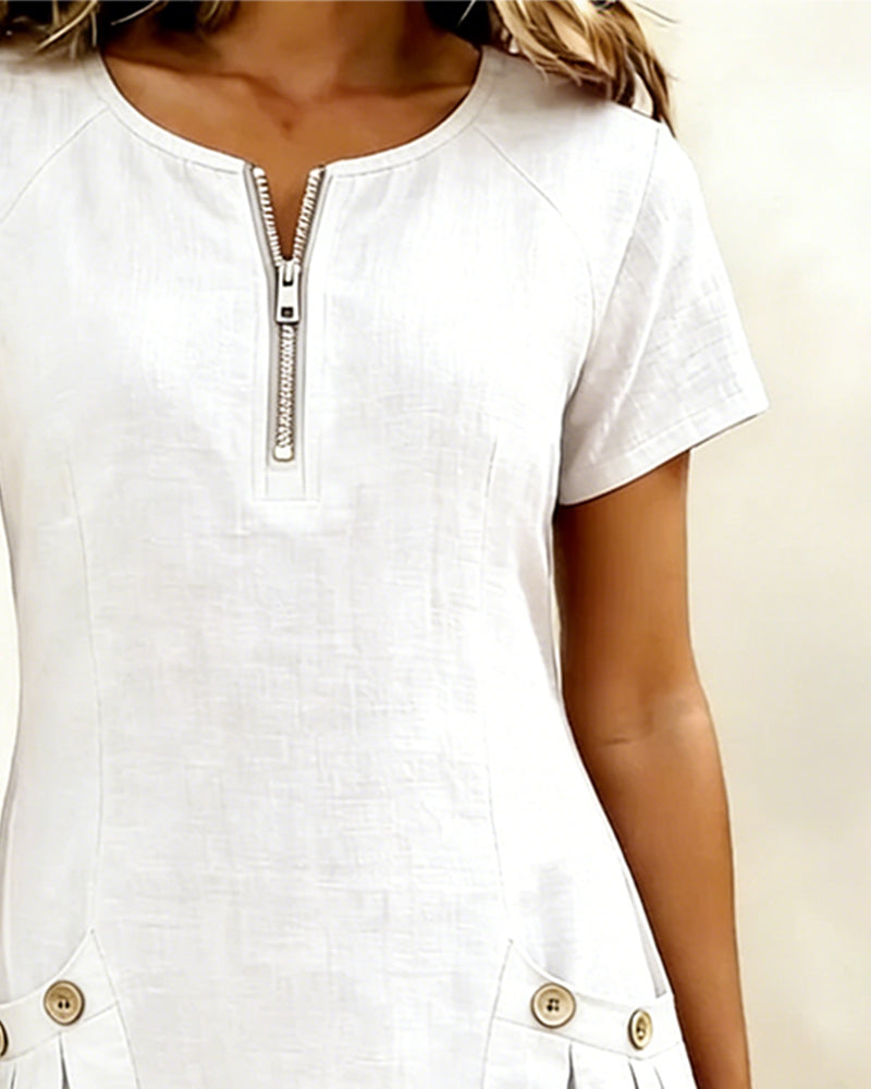 Full-length view of the Judith dress above-the-knee hem