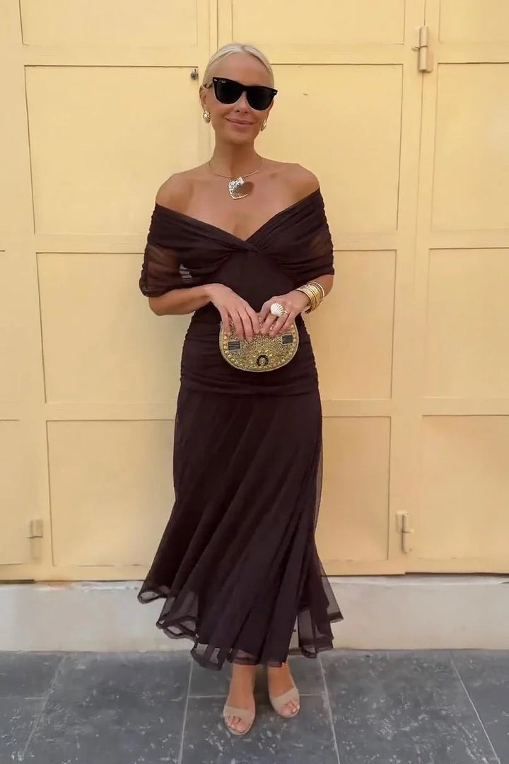 Norma off-shoulder chiffon dress in brown, front view