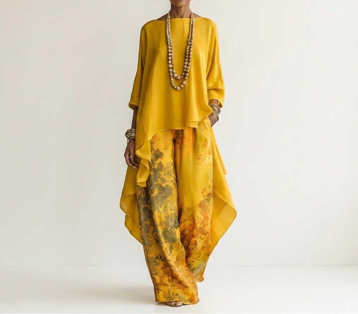Helen asymmetric tunic and wide-leg pants set in yellow, front view