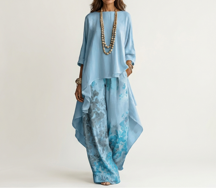 Helen asymmetric tunic and wide-leg pants set in blue, front view