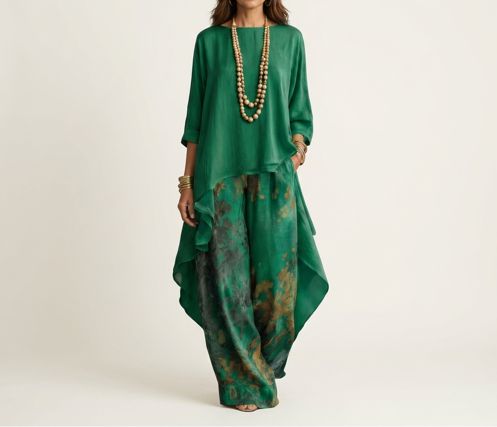 Helen asymmetric tunic and wide-leg pants set in green, front view