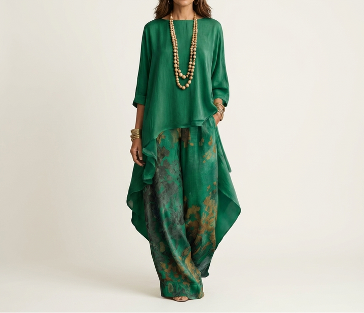 Helen asymmetric tunic and wide-leg pants set in green, front view