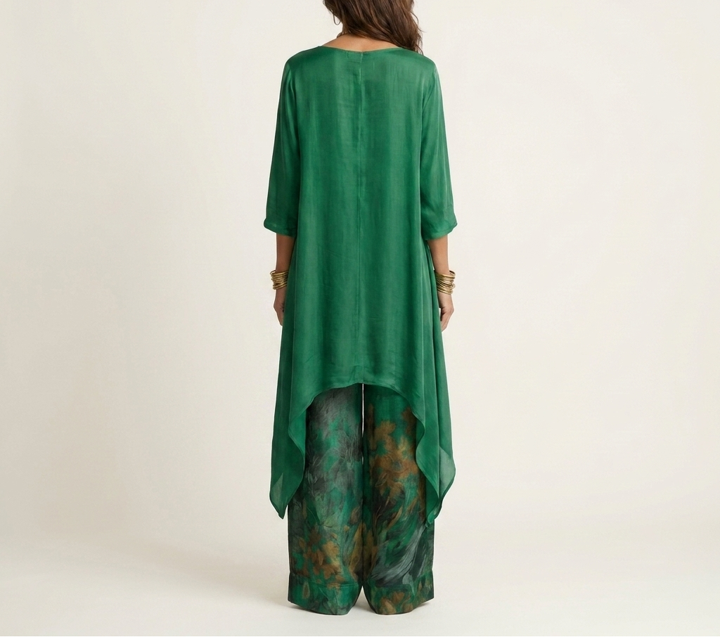 Helen asymmetric tunic and wide-leg pants set in green, back view