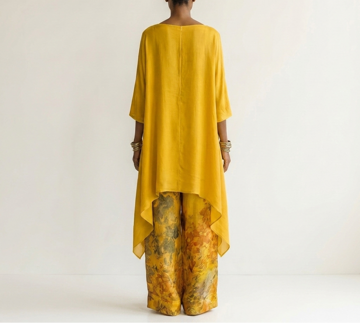 Helen asymmetric tunic and wide-leg pants set in yellow, back view