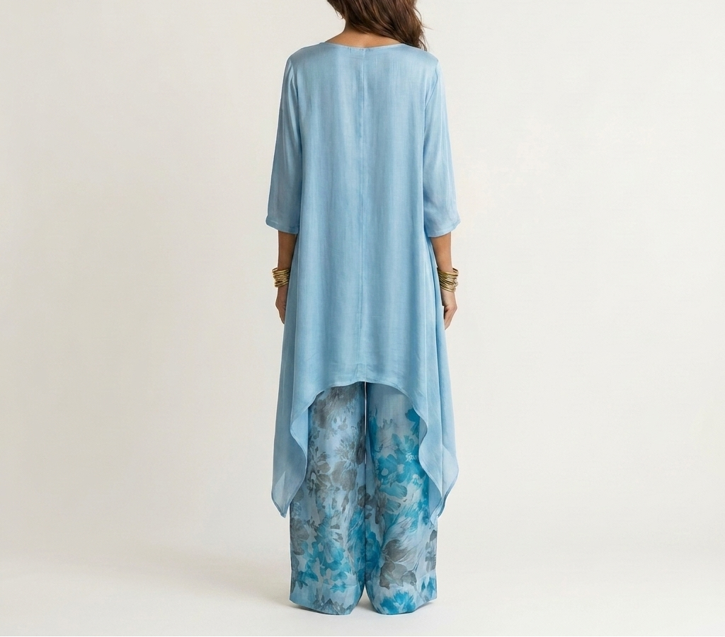 Helen asymmetric tunic and wide-leg pants set in blue, back view