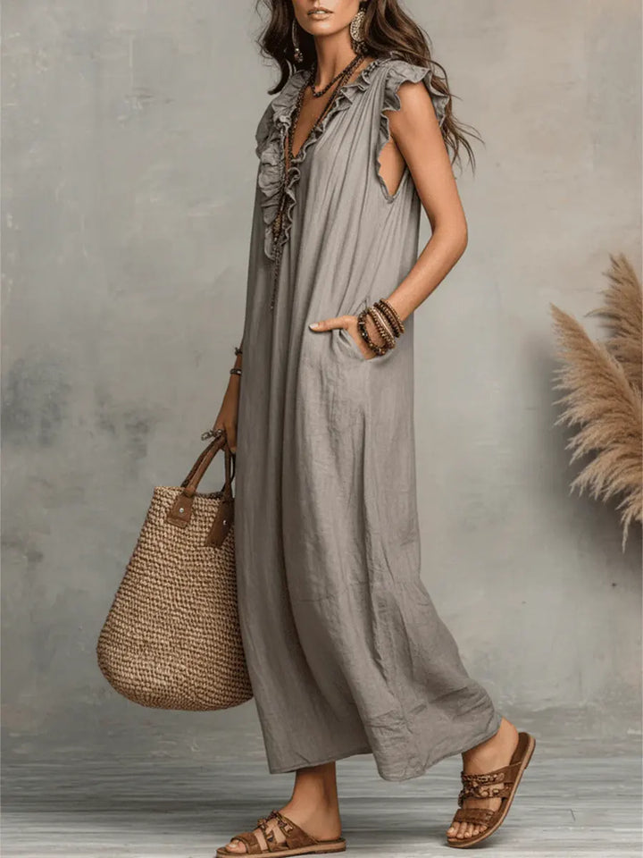Paige - Ruffled V-Neck Linen Dress