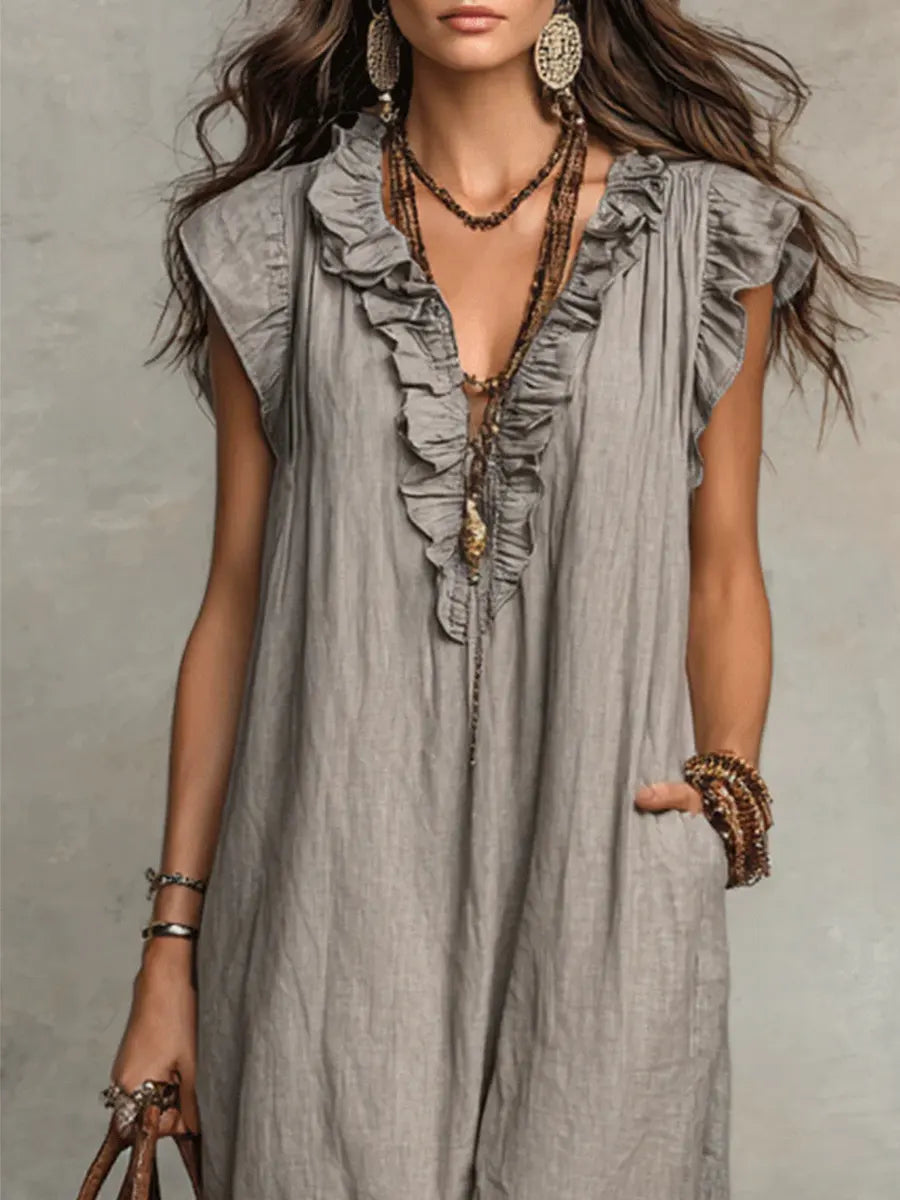 Paige - Ruffled V-Neck Linen Dress
