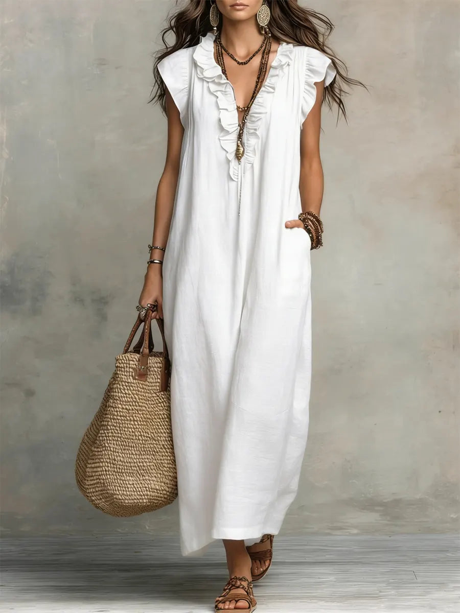 Paige - Ruffled V-Neck Linen Dress