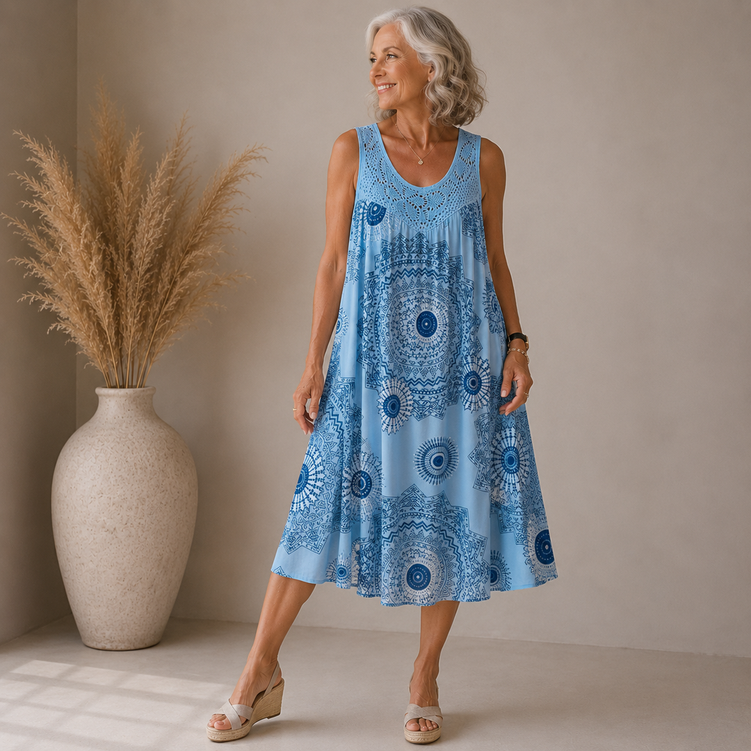 Velma artistic print flowy dress, lifestyle view