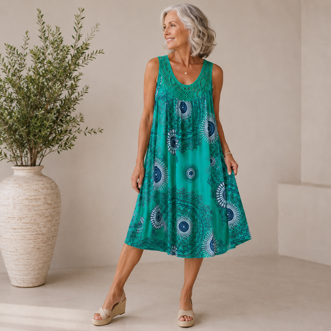 Velma artistic print flowy dress, detail view