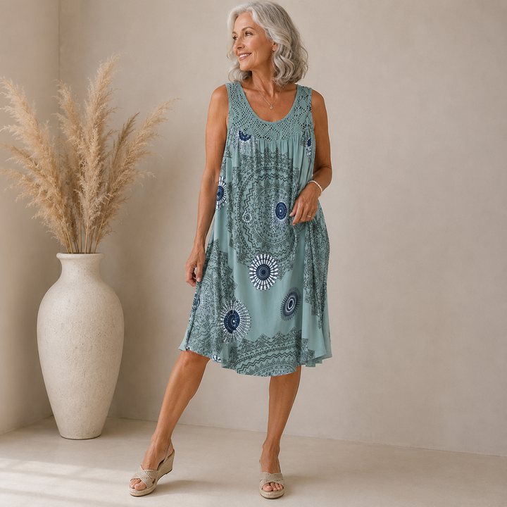 Velma artistic print flowy dress, styled view
