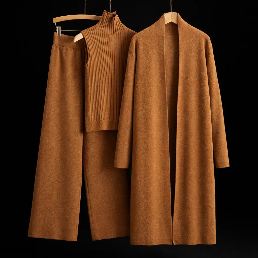 Phyllis cashmere three-piece knit set in caramel